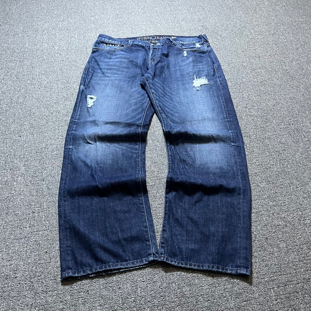 Y2K Guess Rebel Straight Jeans Size 38 Blue Distressed Studded Denim Baggy